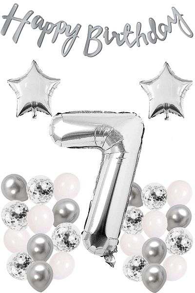 LOTUS PARTY Silver Concept 7 Year Old Birthday Set Number and Star Foil Balloon Banner and 24 Balloons and Stamps