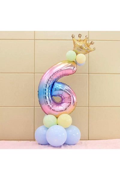 LOTUS PARTY Rainbow Concept 6 Year Old Birthday Set with Figures and King Crown Foil Balloons and 10 Macaron Balloons