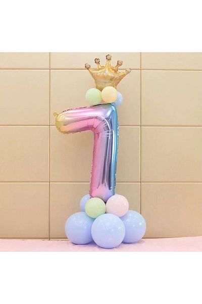 LOTUS PARTY Rainbow Concept 7 Year Old Birthday Set with Figure and King Crown Foil Balloon and 10 Macaron Balloons