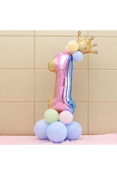 LOTUS PARTY Rainbow Concept 1 Year Old Birthday Set with Figure and King Crown Foil Balloon and 10 Macaron Balloons