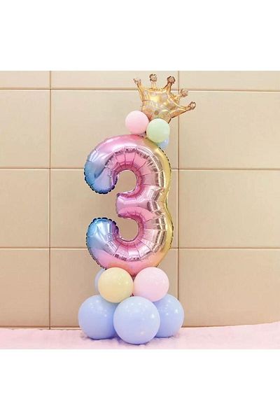 LOTUS PARTY Rainbow Concept 3 Year Old Birthday Set with Figure and King Crown Foil Balloon and 10 Macaron Balloons