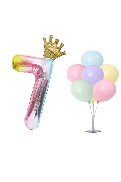 LOTUS PARTY Gökkuşağı Konsepti 7 Yaş Doğum Günü Seti Rakam Ve Kral Taç Folyo ...