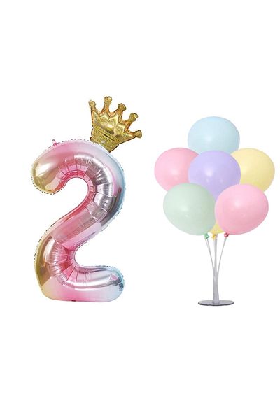 LOTUS PARTY مجموعة بالونات عيد ميلاد بعمر عامين بتصميم قوس قزح وشخصية وتاج الملك، 7 حامل بالونات، 7 بالونات
