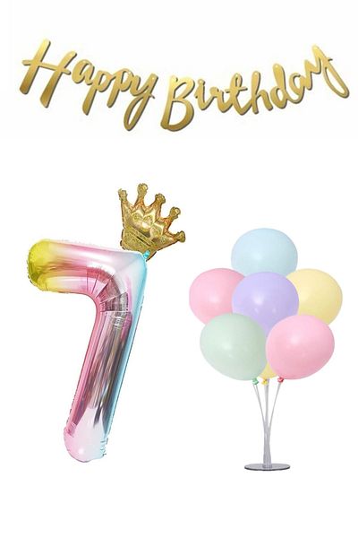 LOTUS PARTY Rainbow Concept 7 Year Old Birthday Set Figure - King Crown Foil Balloon 7-Piece Balloon Stand + Balloon + Text