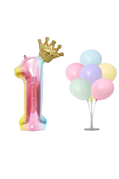 LOTUS PARTY Gökkuşağı Konsepti 1 Yaş Doğum Günü Seti Rakam Ve Kral Taç Folyo ...