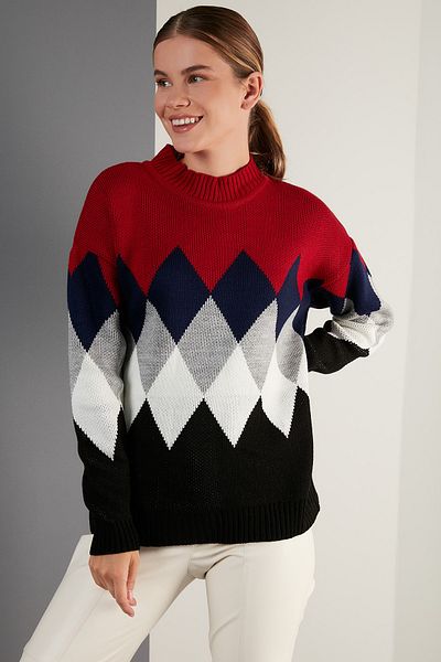 Lela Diamond Patterned Half Turtleneck Knitted Sweater Women's Sweater 6310003