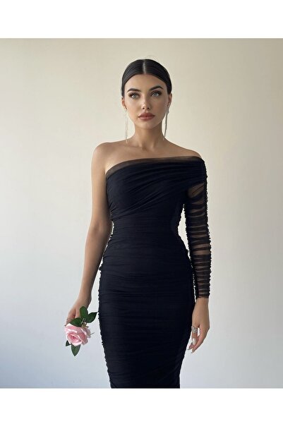 manana fashion Tek Kol Drapeli Midi Siyah Elbise