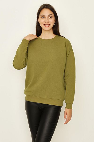 Select Moda Women's Khaki Raised Basic Knitted Sweatshirt