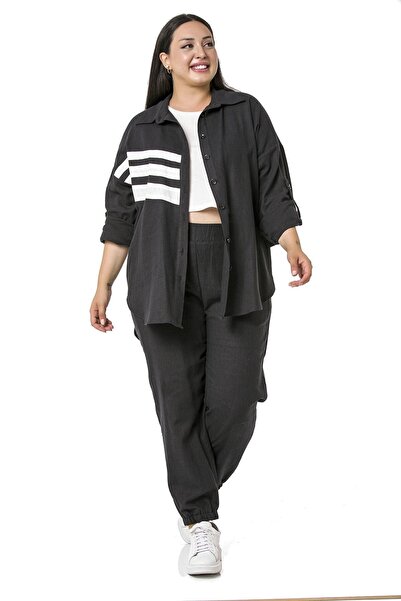 DISENTIS MODEST Σετ πουκάμισο και παντελόνι μεγάλου μεγέθους, λινό μαύρο