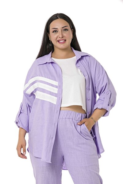 DISENTIS MODEST Σετ πουκάμισο και παντελόνι μεγάλου μεγέθους λιλά λινό