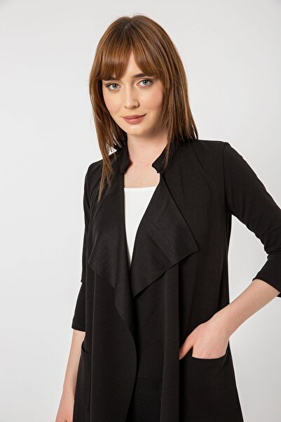 Laranor Truvakar Crepe Cardigan - Black Shawl Collar, Graphic Sleeve Pocket