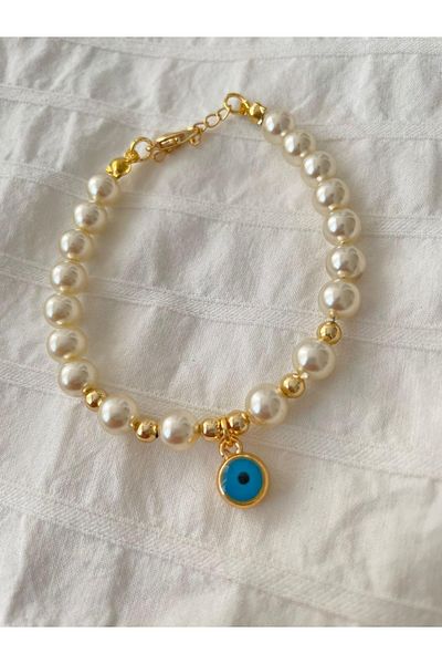 Planet Butik سوار اللؤلؤ الأزرق مع تفاصيل عين الشر
