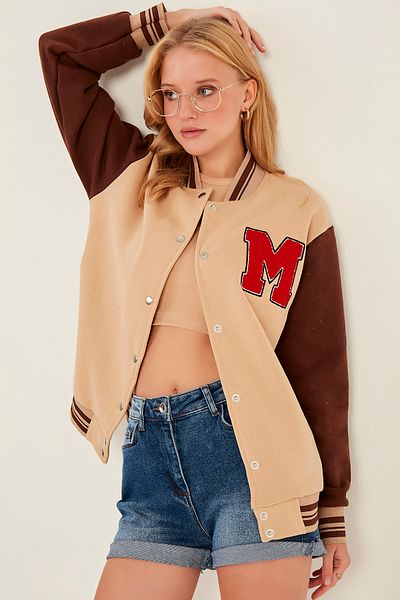 MEECY Дамско кафяво яке за колеж Oversize