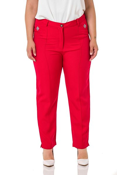DISENTIS MODEST Large Size Narrow Leg Ribbed Stitched Leg Slit Zippered Red Women's Trousers