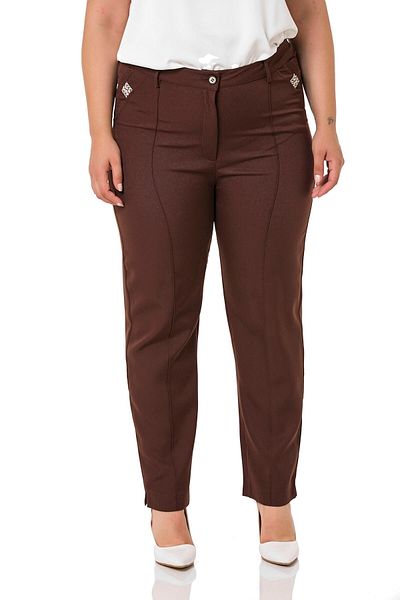DISENTIS MODEST Large Size Narrow Leg Ribbed Stitched Leg Slit Zippered Brown Women's Trousers
