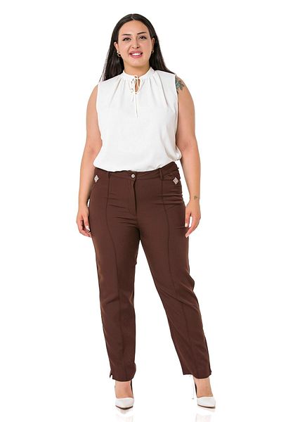 DISENTIS MODEST Large Size Narrow Leg Ribbed Stitched Leg Slit Zippered Brown Women's Trousers