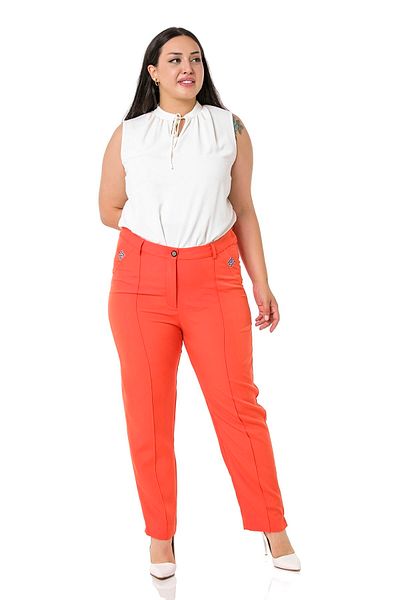 DISENTIS MODEST Large Size Narrow Leg Ribbed Stitched Leg Slit Zippered Orange Women's Trousers
