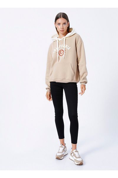 Koton Hooded Collar Printed Beige Women's Sweatshirt 3wal10010ık