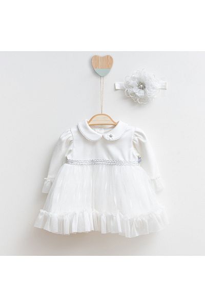 MİNİBORN Ecru Rapunzel Long Sleeve Newborn Girl Dress Set