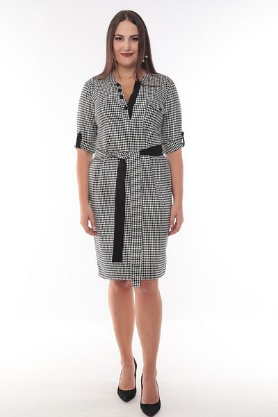 MODAPO Women's Buttoned Collar Belted Houndstooth Midi Plus Size Dress