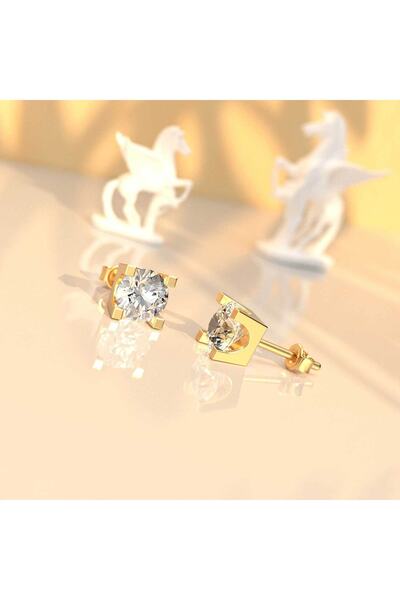 İNDİGO TAKI 1 Ct Tek Taş Altın Kaplama Gümüş Küpe