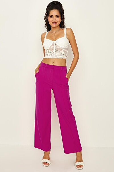 Select Moda Pantaloni largi de damă cu cusături cu nervuri fucsia