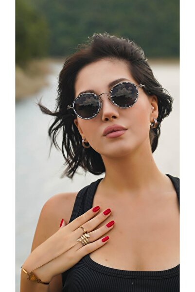 Angel Eyes نظارة شمسية نسائية بإطار حمار وحشي دائري أسود زجاجي