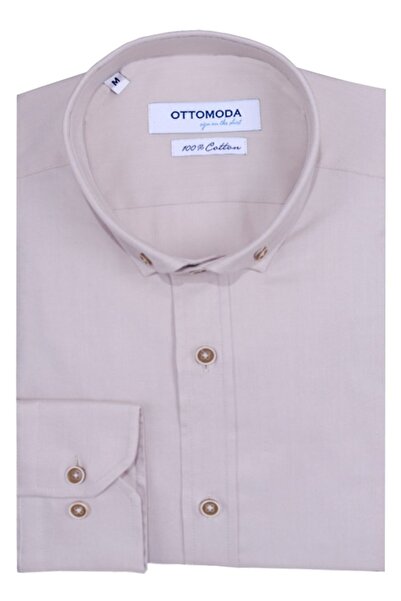 Ottomoda Erkek Bej Uzun Kollu Yarı Slim Oxford Pamuklu Gömlek,ot-c-20148