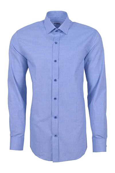 Ottomoda Erkek Mavi Düz Uzun Kollu %100 Pamuklu Regular Gömlek,ot-c-20145