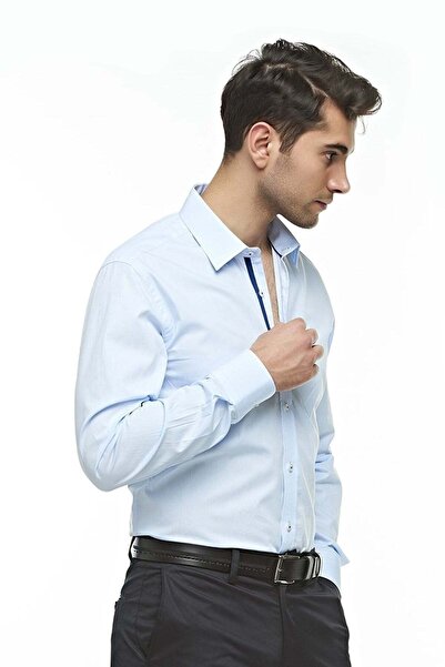 Ottomoda %100 Pamuk Premium Kumaş Mavi Uzun Kollu Regular Gömlek,ot-c-20141