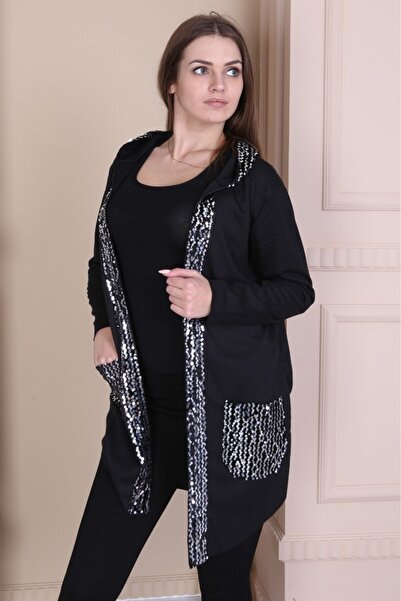 SİZ Kadın Siyah Pul Payet Tasarım Cepli Hırka