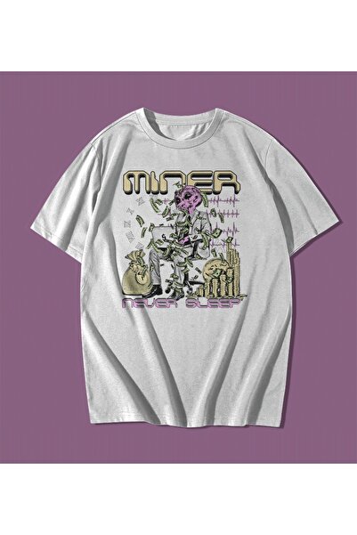 rebelberi Tricou alb unisex oversize Miner Never Sleep