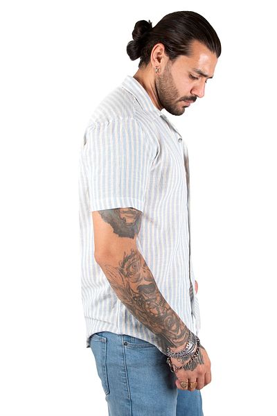DeepSEA Men's Blue Thin Line Patterned Short Sleeve Raw Linen Shirt2201920