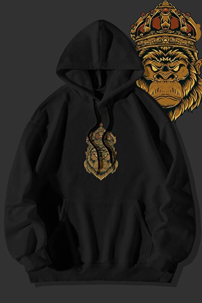 wicromed Hanorac cu glugă unisex cu buzunar cangur negru cu imprimeu King Kong