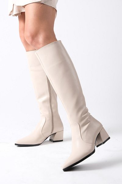 Mio Gusto Mila Beige Color Pointed Toe Side Zipper Thin Fur Lined Women's Heeled Boots
