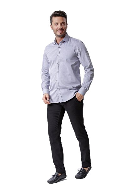 Ottomoda Erkek Gri Desenli Uzun Kollu Yarı Slim Oxford Gömlek, Ot-c-20017