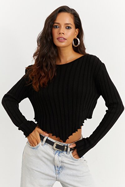 Cool & Sexy بلوزة تريكو قصيرة سوداء للسيدات SF1539