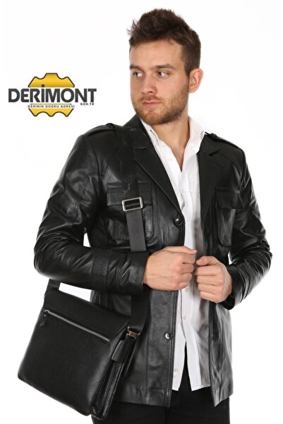 Derimont's Hakiki Deri Siyah Gömlek Cep Düğmeli Erkek Deri Ceket