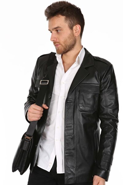 Derimont's Hakiki Deri Siyah Gömlek Cep Düğmeli Erkek Deri Ceket