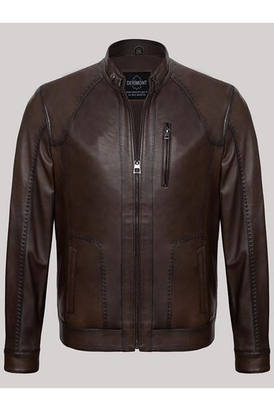 Derimont's Genuine Leather Brown Men's Leather Coat Edge Embroidered Zippered Leather Jacket