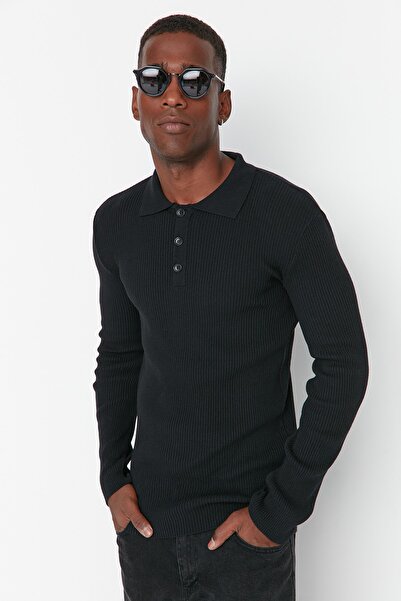 Trendyol Collection Πλεκτό πουλόβερ Polo Neck Slim Fit - Μαύρο, με κουμπιά επάνω, βαμβακερό TMNAW21KZ0567