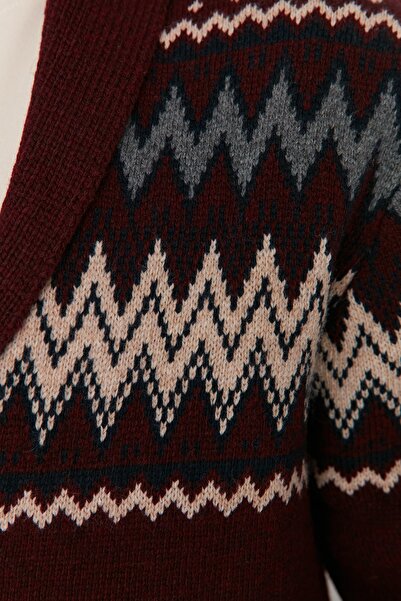 Trendyol Collection Claret Red Jacquard Slim Fit Knitwear Cardigan - Shawl Collar Tmnaw20Hi0034