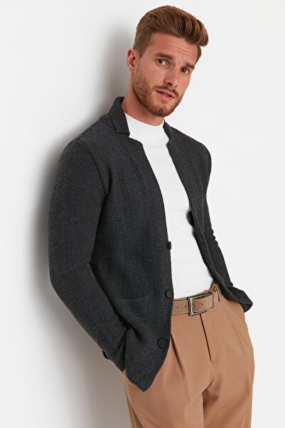 Trendyol Collection Anthrazitfarbener Strick-Cardigan im Slim Fit mit Knopfleiste, TMNAW21HI0095