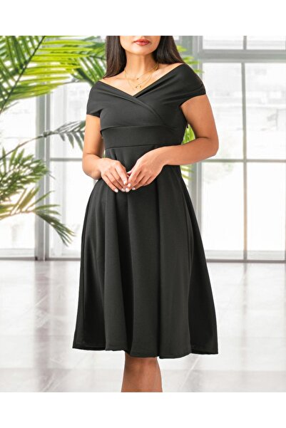 JANES Düşük Omuz Eteği Pileli Midi Boy Krep Kumaş Elbise