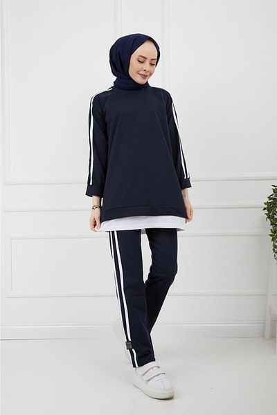 CNG MODA Navy Blue Hijab Piping Embroidered Tracksuit Set - Tkm