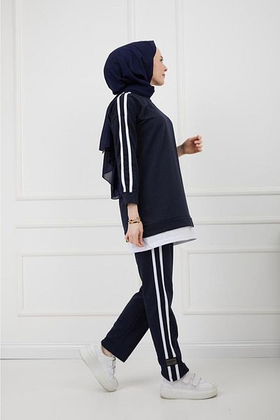 CNG MODA Navy Blue Hijab Piping Embroidered Tracksuit Set - Tkm