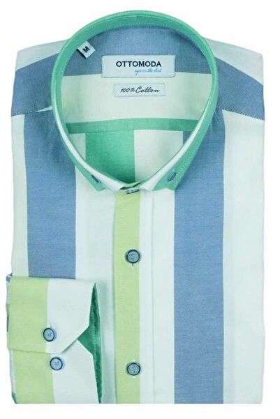 Ottomoda Oxford Mavi-yeşil Çizgili Regular Fit Uzun Kollu Gömlek,ot-c-20014