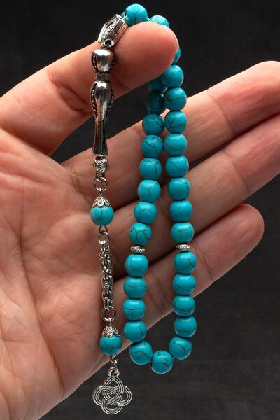 OTTOTESBİH Erkek Hediyelik Aşk Düğümü Püsküllü Turkuaz Firuze Tesbih, Doğaltaş Tespih