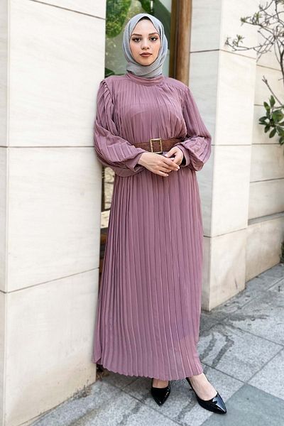 Modamihram Pleated Belted Evening Dress Dusty Rose