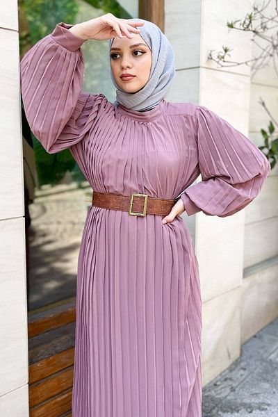 Modamihram Pleated Belted Evening Dress Dusty Rose